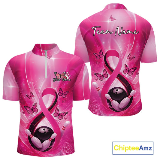 Front and back mens bowling quarter-zip featuring a pink awareness ribbon around a bowling ball with butterflies and bowling pins.