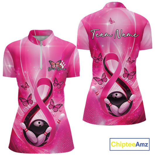 Front and back womens bowling quarter-zip featuring a pink awareness ribbon wrapped around a bowling ball with pins and butterflies.