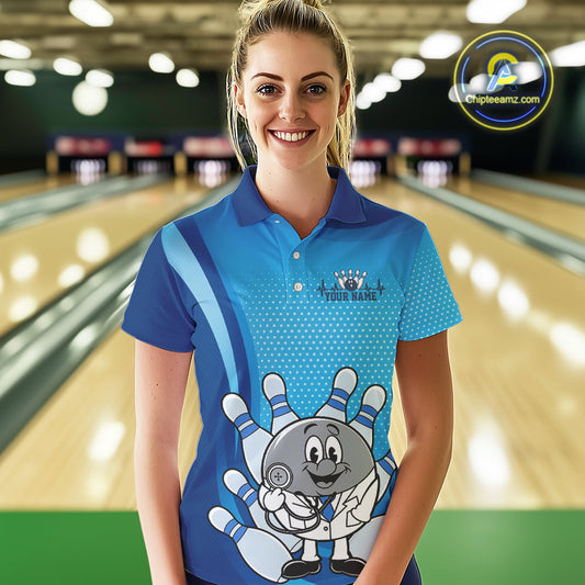 Custom Blue Doctor Bowling Polo Shirts For Women, Funny Doctor Bowling Jerseys IPHW9235