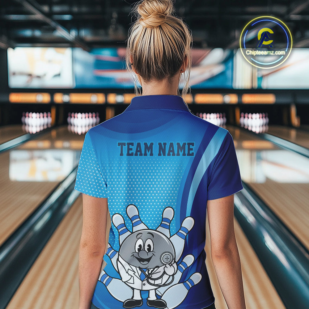 Custom Blue Doctor Bowling Polo Shirts For Women, Funny Doctor Bowling Jerseys IPHW9235