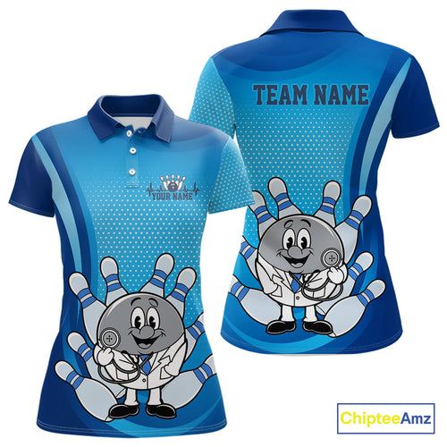 Custom Blue Doctor Bowling Polo Shirts For Women, Funny Doctor Bowling Jerseys IPHW9235