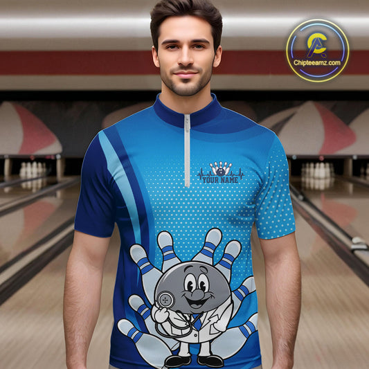 Custom Blue Doctor Bowling Quarter-Zip Shirts For Men, Funny Doctor Bowling Jerseys IPHW9235
