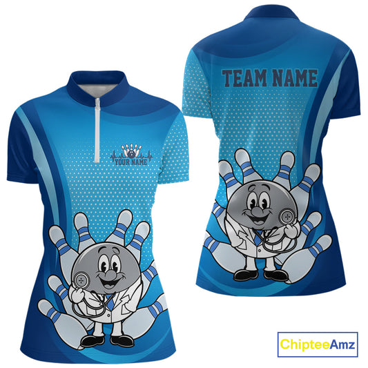 Custom Blue Doctor Bowling Quarter-Zip Shirts For Women, Funny Doctor Bowling Jerseys IPHW9235
