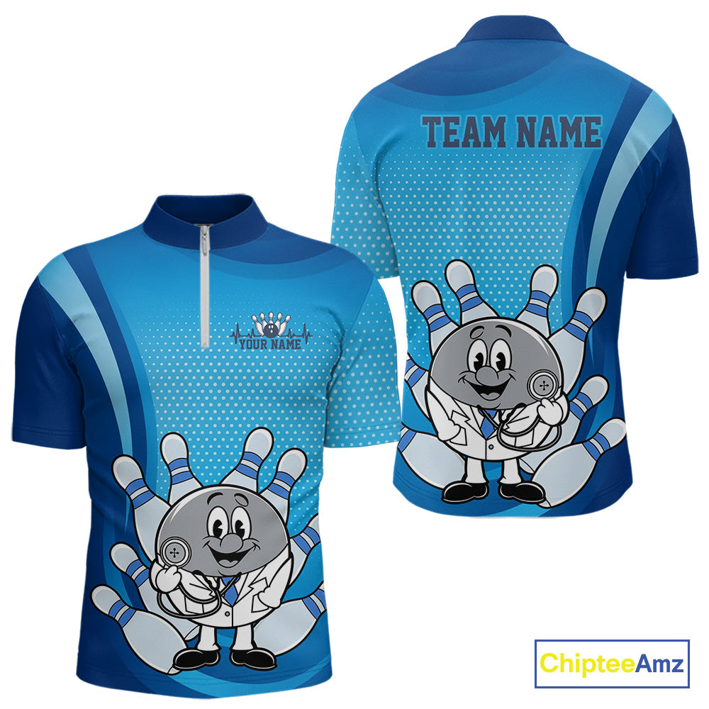 Custom Blue Doctor Bowling Quarter-Zip Shirts For Men, Funny Doctor Bowling Jerseys IPHW9235