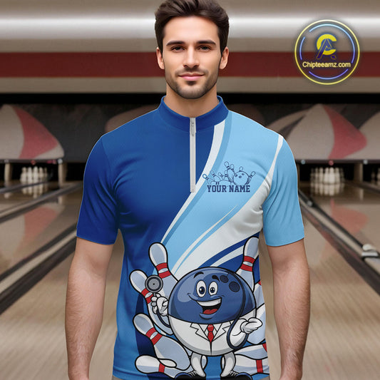 Custom Blue Doctor Bowling Quarter-Zip Shirts For Men, Funny Doctor Bowling Jerseys IPHW9239