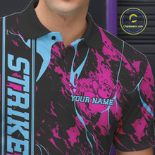 Load image into Gallery viewer, Custom Blue And Pink Strike Bowling Polo Team Shirts For Men, Strike Bowling Jersey IPHW9242