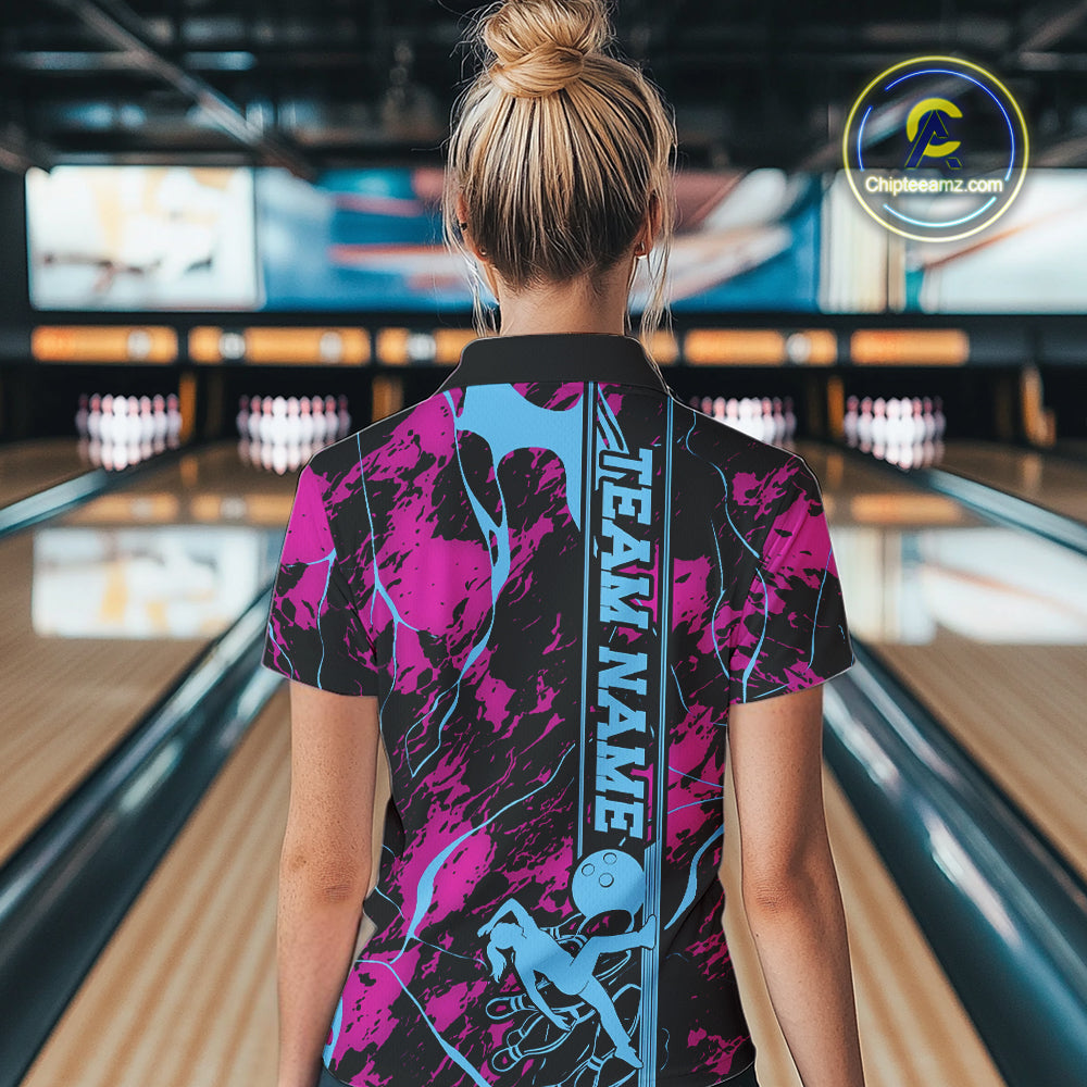 Custom Blue And Pink Strike Bowling Polo Team Shirts For Women, Strike Bowling Jersey IPHW9242