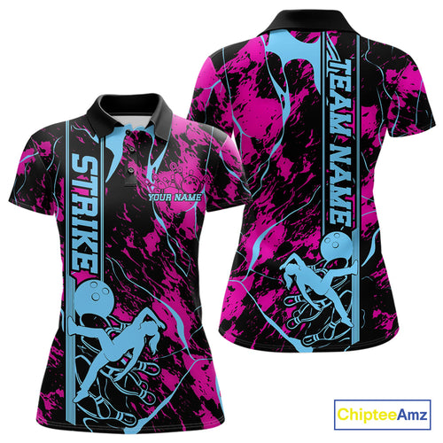 Custom Blue And Pink Strike Bowling Polo Team Shirts For Women, Strike Bowling Jersey IPHW9242