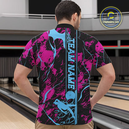 Custom Blue And Pink Strike Bowling Quarter-Zip Team Shirts For Men, Strike Bowling Jersey IPHW9242