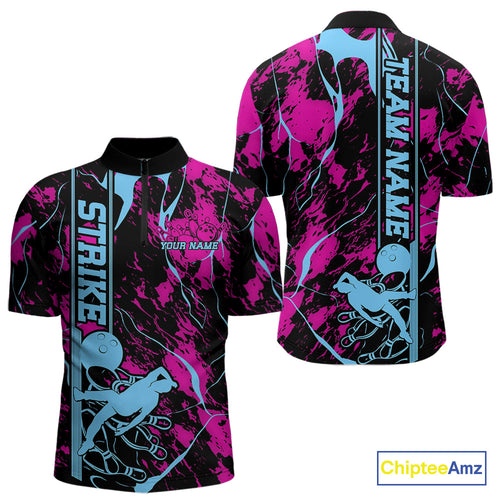 Custom Blue And Pink Strike Bowling Quarter-Zip Team Shirts For Men, Strike Bowling Jersey IPHW9242