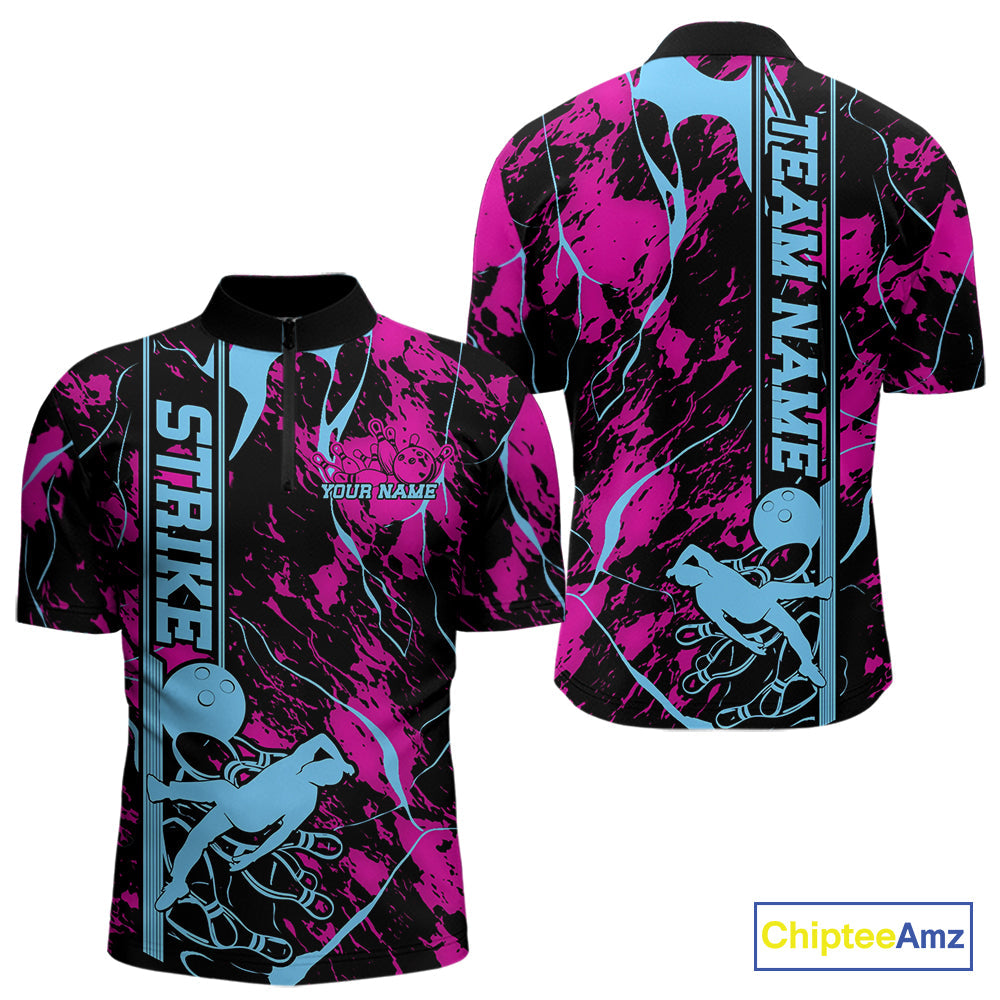 Custom Blue And Pink Strike Bowling Quarter-Zip Team Shirts For Men, Strike Bowling Jersey IPHW9242
