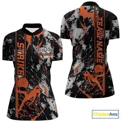 Custom Orange And Gray Camo Strike Bowling Women Quarter-Zip Team Shirts, Bowling Jersey IPHW9244