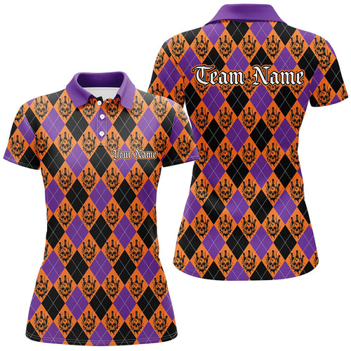 Orange And Purple Argyle Pattern Custom Skull Halloween Ladies Bowling Shirts Outfits IPHW7302