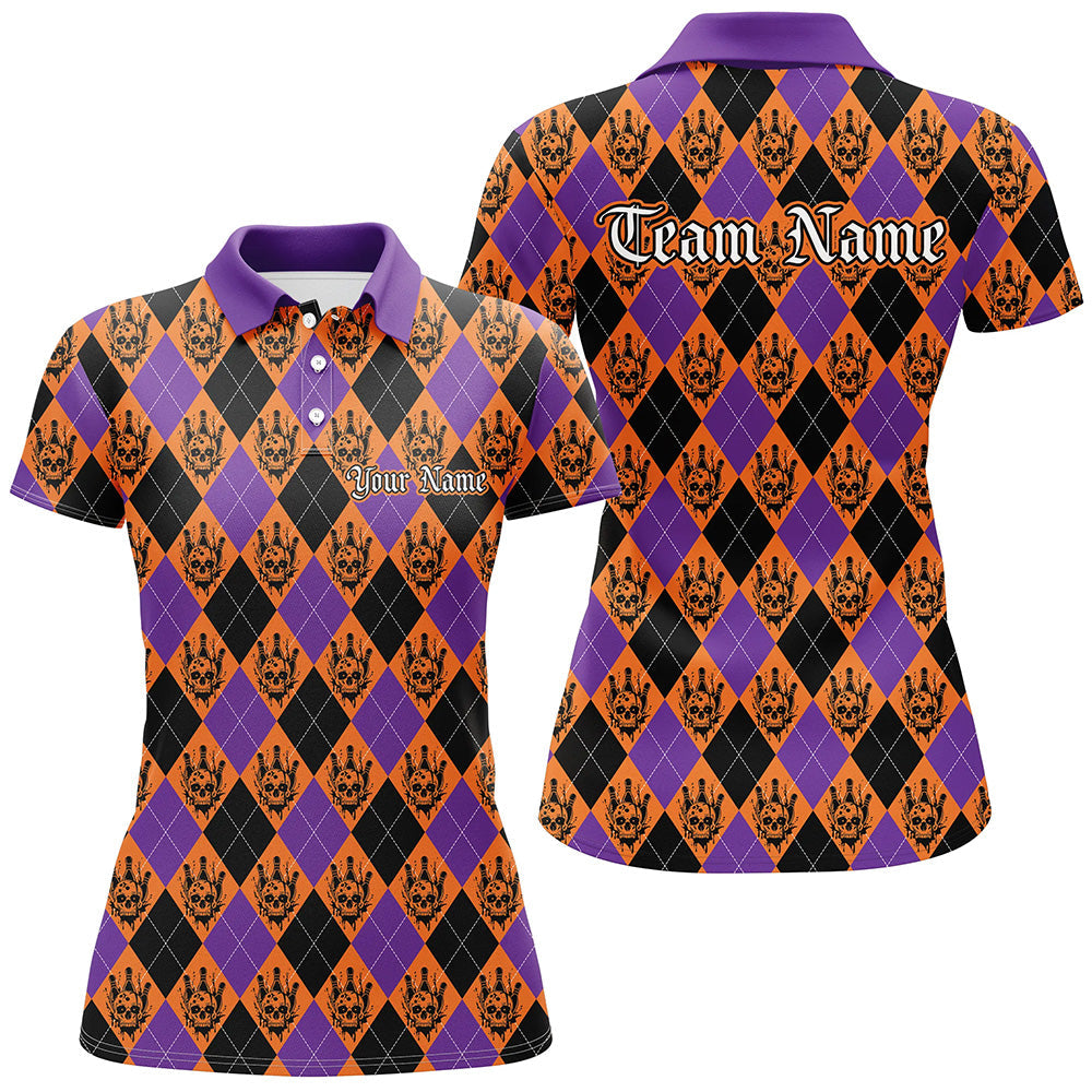Orange And Purple Argyle Pattern Custom Skull Halloween Ladies Bowling Shirts Outfits IPHW7302