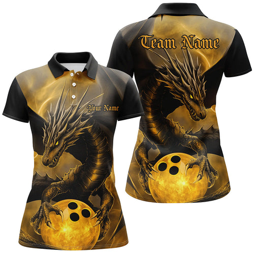 Black And Gold Custom Dragon Bowling Shirts For Women, Dragon Bowling League Shirts Outfits IPHW7308