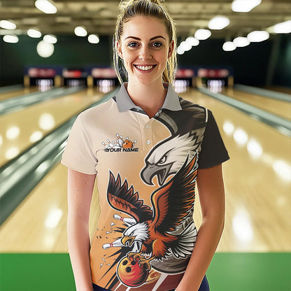 Custom Eagle Bowling Jerseys With Names, Orange Eagle Bowling League Women Polo Shirts IPHW8762