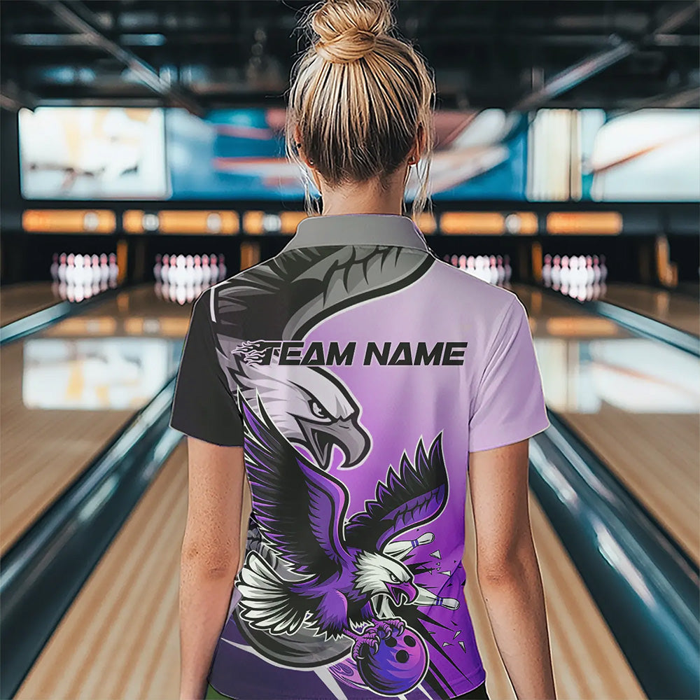Custom Eagle Bowling Jerseys With Names, Purple Eagle Bowling League Women Polo Shirts IPHW8763