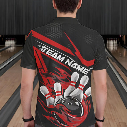 Custom Black And Red Flame Bowling Team Polo Shirts For Men, Fire Bowling League Shirt IPHW8768
