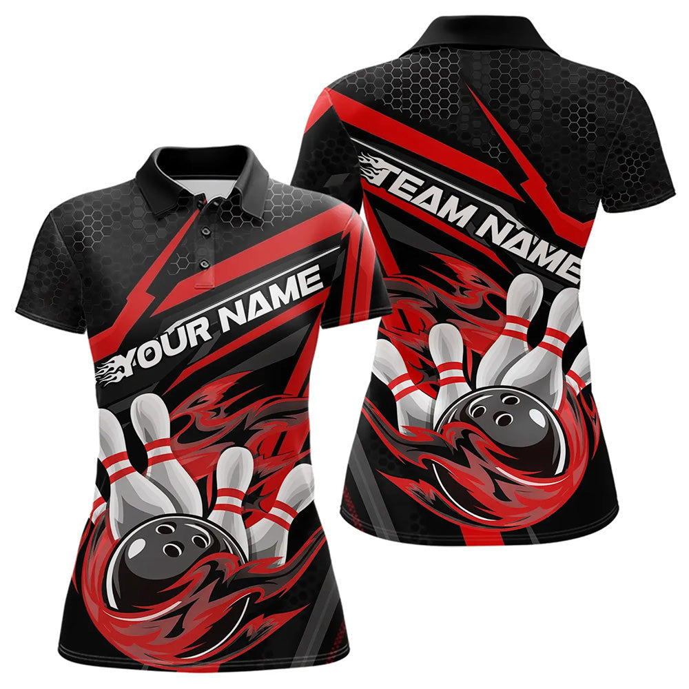 Custom Black And Red Flame Bowling Team Polo Shirts For Women, Fire Bowling League Shirt IPHW8768
