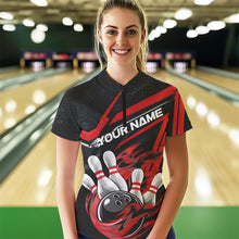 Load image into Gallery viewer, Custom Black And Red Flame Bowling Team Women Quarter-Zip Shirts, Fire Bowling League Shirt IPHW8768