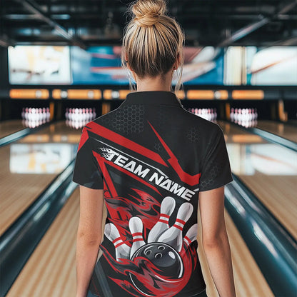 Custom Black And Red Flame Bowling Team Women Quarter-Zip Shirts, Fire Bowling League Shirt IPHW8768