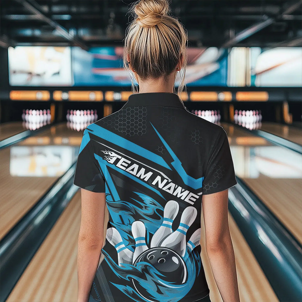 Custom Black And Blue Flame Bowling Team Polo Shirts For Women, Fire Bowling League Shirt IPHW8769