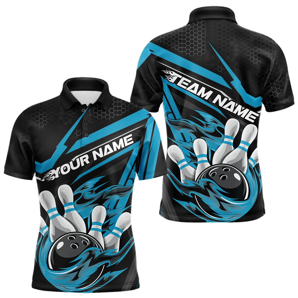 Custom Black And Blue Flame Bowling Team Polo Shirts For Men, Fire Bowling League Shirt IPHW8769