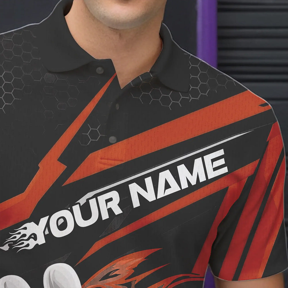 Custom Black And Orange Flame Bowling Team Polo Shirts For Men, Fire Bowling League Shirt IPHW8770