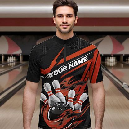 Custom Black And Orange Flame Bowling Team Quarter-Zip Shirts For Men, Fire Bowling League Shirt IPHW8770