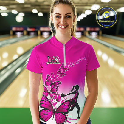 Custom Pink Gradient Butterfly Bowling Team Women Quarter-Zip Shirts, Bowlers Outfit IPHW9009