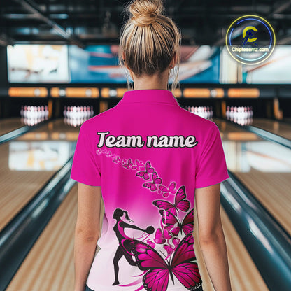 Custom Pink Gradient Butterfly Bowling Team Women Quarter-Zip Shirts, Bowlers Outfit IPHW9009