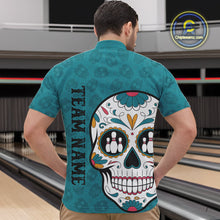 Load image into Gallery viewer, Custom Blue Sugar Skull Bowling Team Quarter-Zip Shirts For Men, Halloween Bowlers Outfit IPHW9255