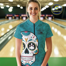 Load image into Gallery viewer, Custom Blue Sugar Skull Bowling Team Women Quarter-Zip Shirt, Halloween Bowlers Outfit IPHW9255