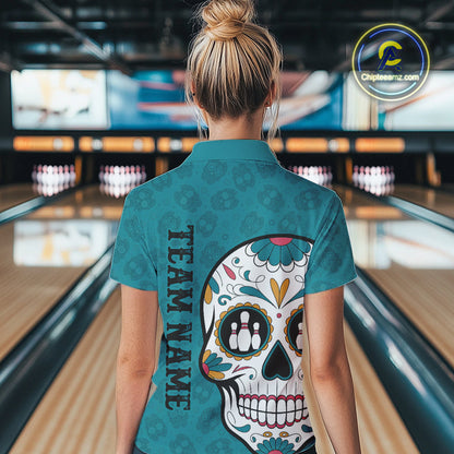 Custom Blue Sugar Skull Bowling Team Women Quarter-Zip Shirt, Halloween Bowlers Outfit IPHW9255