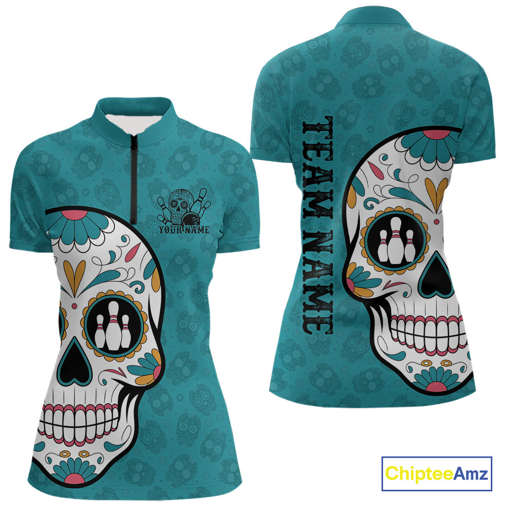Custom Blue Sugar Skull Bowling Team Women Quarter-Zip Shirt, Halloween Bowlers Outfit IPHW9255