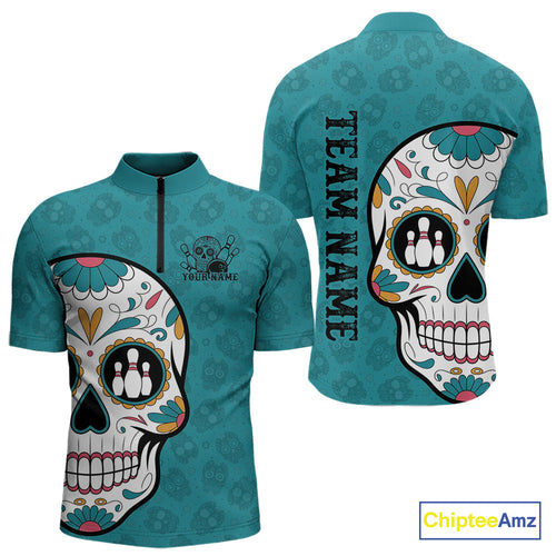 Custom Blue Sugar Skull Bowling Team Quarter-Zip Shirts For Men, Halloween Bowlers Outfit IPHW9255