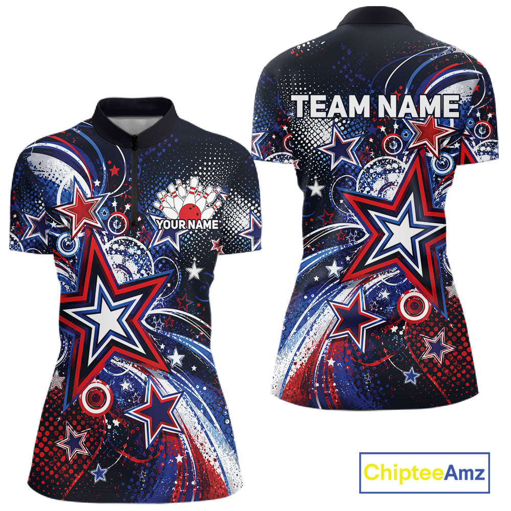Front and back views of a custom women's quarter zip bowling shirt featuring red, white, and blue patriotic stars, halftone dots, and a grunge texture design.