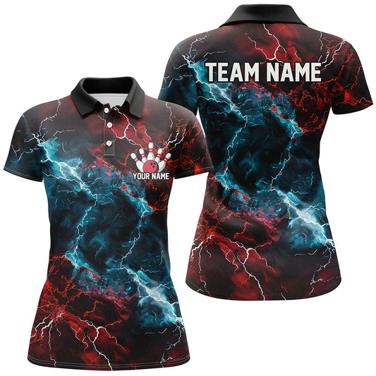 Blue And Red Thunder Lightning Custom Bowling Uniforms, Patriotic Bowling Shirts For Women IPHW7316