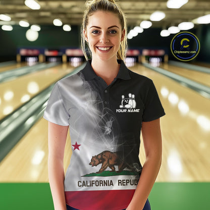 Custom Smoke California Flag Bowling Women Team Shirts, Patriotic California Bowling Jerseys IPHW10629