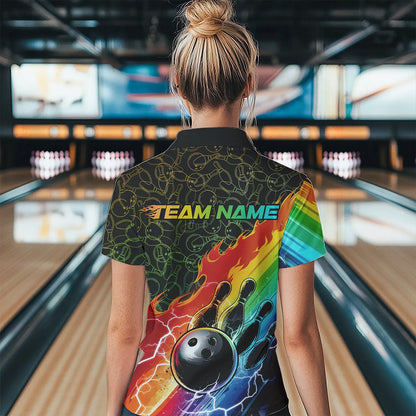 Custom Rainbow Flame Bowling Team Polo Shirts For Women, Colorful Bowling League Shirt IPHW8785