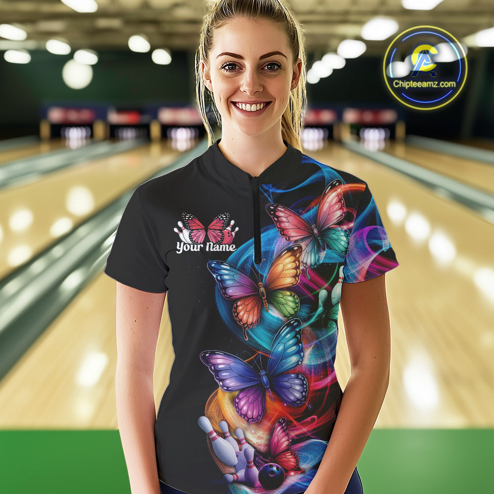 Custom Colorful Butterfly Bowling Women Quarter-Zip Shirts With Team Name, Bowlers Outfit IPHW9011