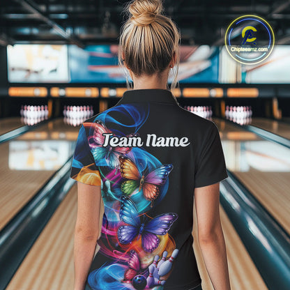 Custom Colorful Butterfly Bowling Women Quarter-Zip Shirts With Team Name, Bowlers Outfit IPHW9011