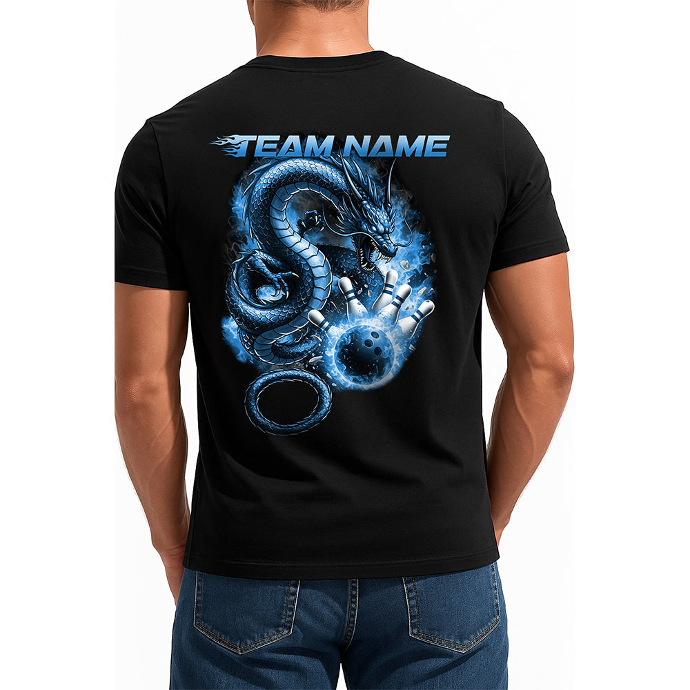 Custom Flame Dragon Bowling T-Shirts For Men, Blue Fire Bowling Ball Theme IPHW9066