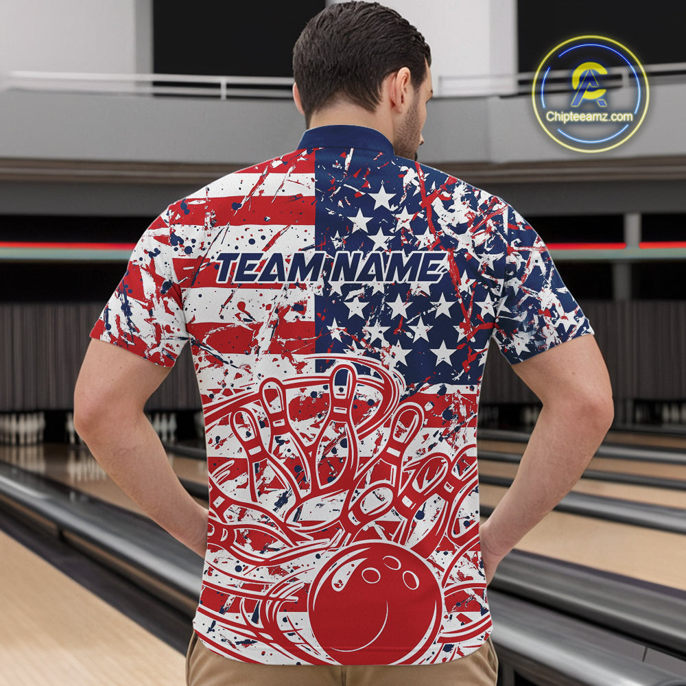 Custom Splatter Patriotic US Flag Bowling Quarter-Zip Shirts For Men, American Bowling Jersey IPHW9257