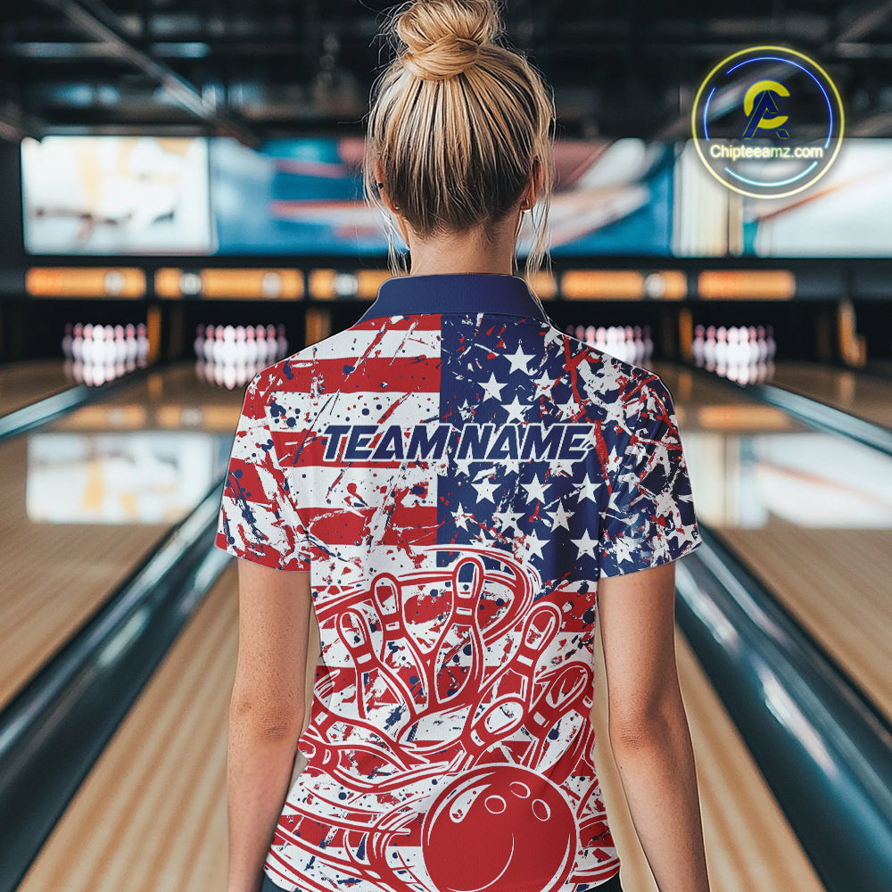 Custom Splatter Patriotic US Flag Bowling Women Quarter-Zip Shirt, US Flag Bowling Jersey IPHW9257