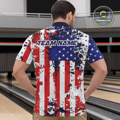Custom Grunge US Flag Patriotic Bowling Quarter-Zip Shirts For Men, US Bowling League Shirt IPHW9258