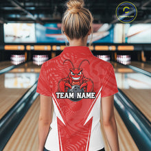 Load image into Gallery viewer, Back view of a female model in a bowling alley wearing a red custom bowling polo shirt with a funny aggressive crawfish holding a bowling ball in a sportswear-style design.