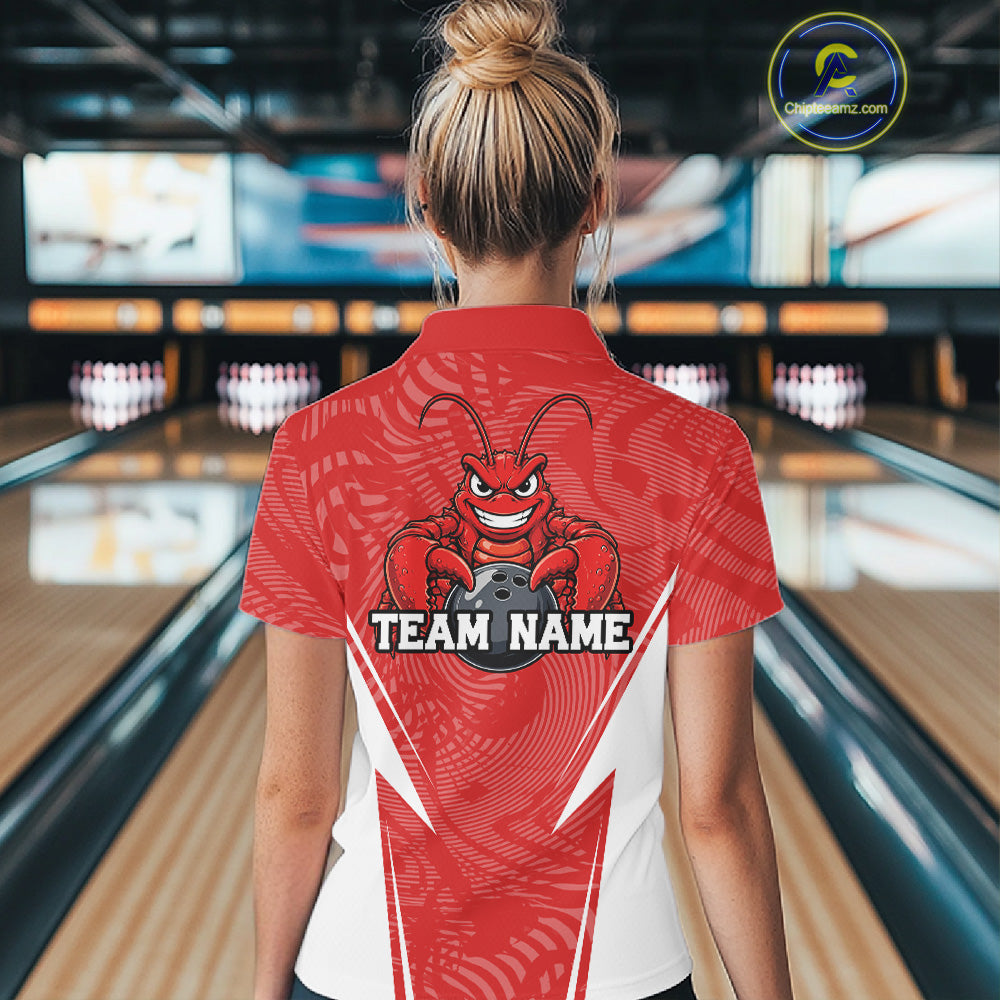 Back view of a female model in a bowling alley wearing a red custom quarter-zip bowling shirt with a funny aggressive crawfish holding a bowling ball in a sportswear-style design.