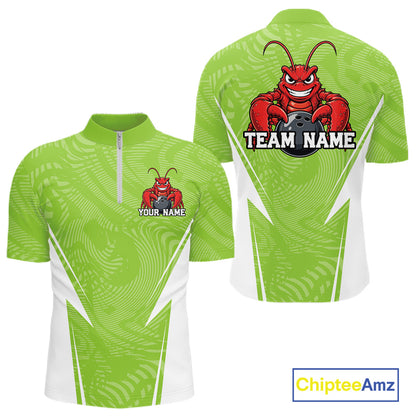 Front and back views of a light green custom quarter-zip bowling shirt featuring a funny aggressive crawfish holding a bowling ball in a sportswear-style design.