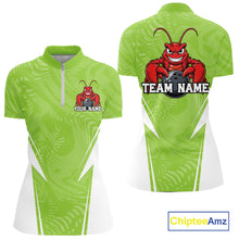Load image into Gallery viewer, Front and back views of a light green custom women's quarter-zip bowling shirt featuring a funny aggressive crawfish holding a bowling ball in a sportswear-style design.